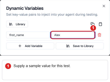 Test-variable panel containing synthetic values for a controlled editor test.