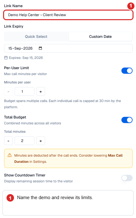 Demo-link form with a synthetic link name and explicit expiry and usage controls.