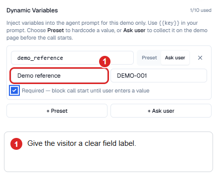 Demo-variable settings choosing Ask user with a required visitor input.