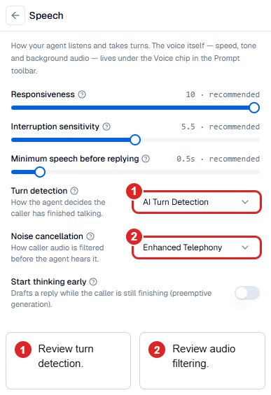 Speech settings highlighting turn detection and audio filtering controls.