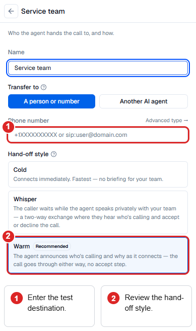 Transfer configuration with a synthetic Service team name, blank destination, and the Cold, Whisper, and Warm hand-off choices.