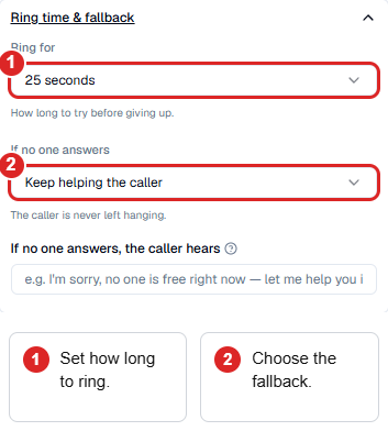 Transfer ring-time and no-answer fallback controls, with their explanations visible.