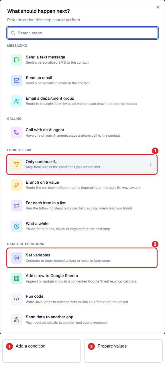 Workflow step picker with condition and named-value actions highlighted.