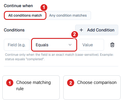 Condition settings showing all-or-any matching and an exact comparison operator.