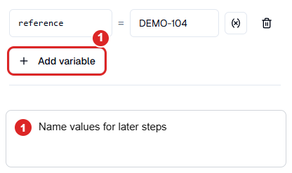 Named-value configuration with the synthetic reference DEMO-104 and Add variable highlighted.